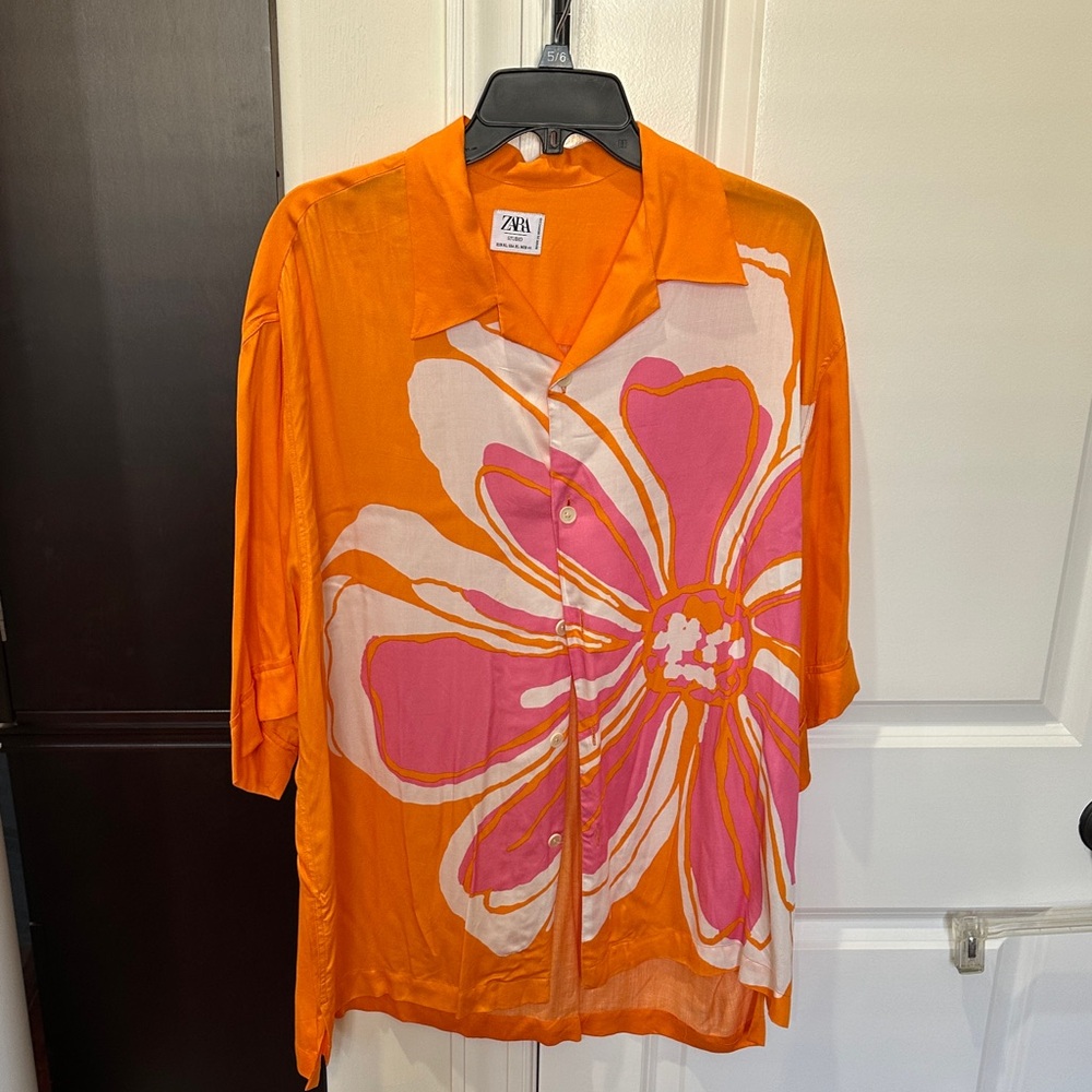 Zara Bright Orange Shirt with Pink Floral Design